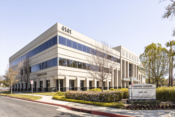 An image of Via Novo Law's Ontario office. The office building stands prominently, showcasing the professional and inviting environment where clients can receive legal services. The address '4141 Inland Empire Blvd Ste 290, Ontario, CA 91764' is displayed, indicating the location for easy access.